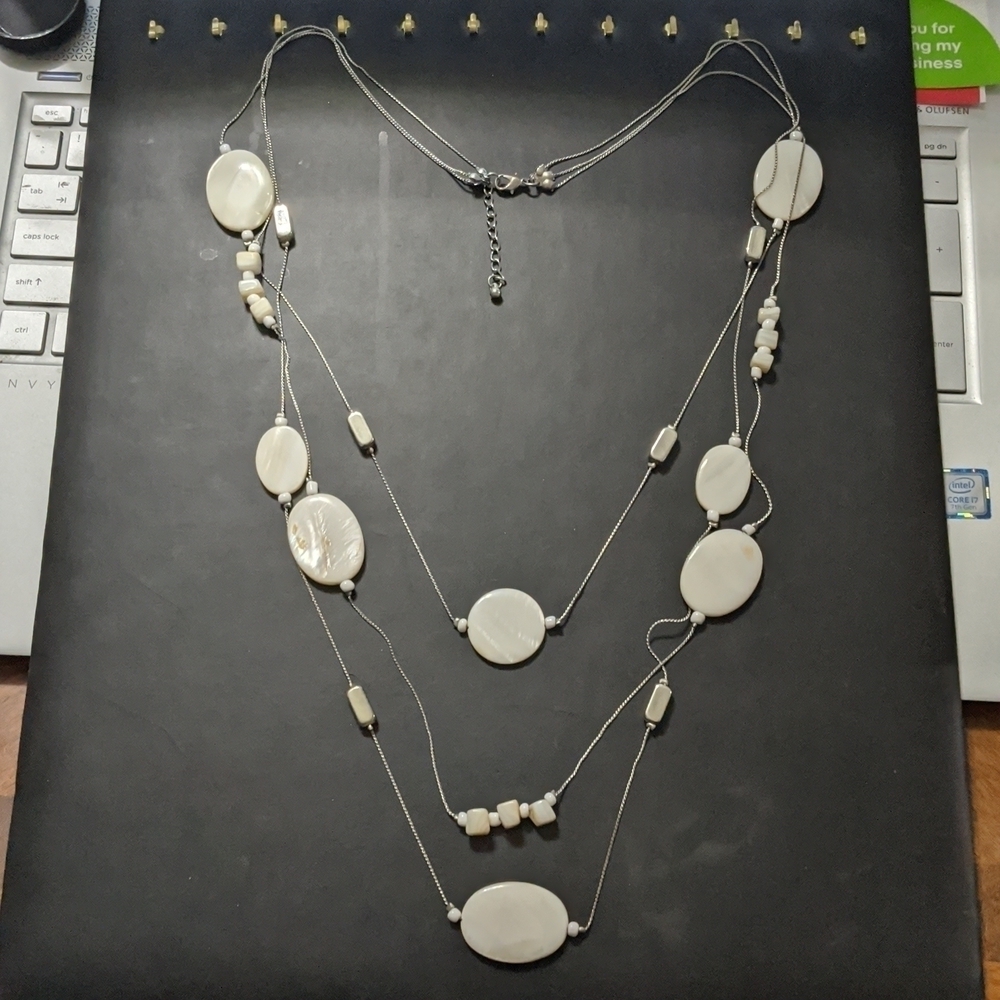 𝅺Silver Tone White Disc and Bead Multi Strand Layered Long Statement Necklace